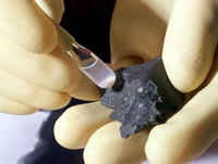 Fragmento del meteorito Murchison y partículas aisladas de él en el tubo. Foto: DOE/ANL