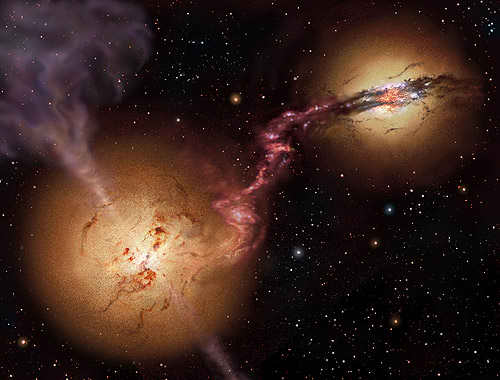Representaic�n de la galaxia 4C60.07 colisionando. Ilustraci�n: David A. Hardy/UK ATC