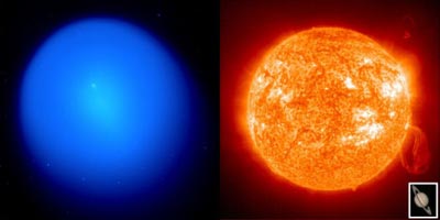 imagen del cometa Holmes obtenida por el CFHT en la que se aprecia su coma de 1.4 millones de kil�metros. El punto blanco brillante en el centro de su coma es el n�cleo del cometa. Como comparaci�n se muestra la imagen del Sol y del planeta Saturno a la misma escala.