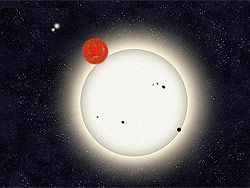 El sistema planetario de PH1, con cuatro estrellas. IlustraciÃ³n: Haven Giguere