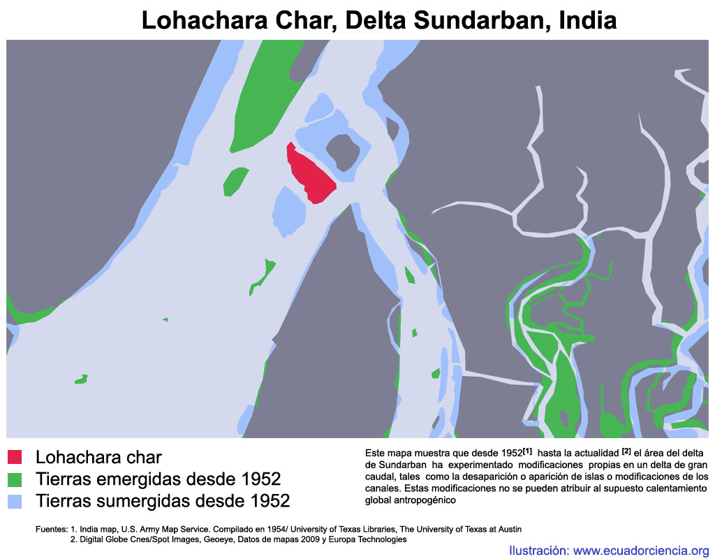 Mapa de Lohachara Char mostrando las áreas emergidas y sumergidas en los últimos años, algunas isletas han desaparecido, otras han aparecido e incluso de mayor tamaño.