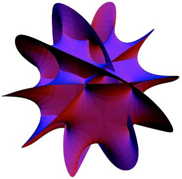 Una imagen generada por ordenador de una posible geometr�a hexadimensional similar a las estudiadas por el f�sico de la UW-Madison Gary Shiu. Imagen coster�a de Andrew J. Hanson, Universidad de Indiana