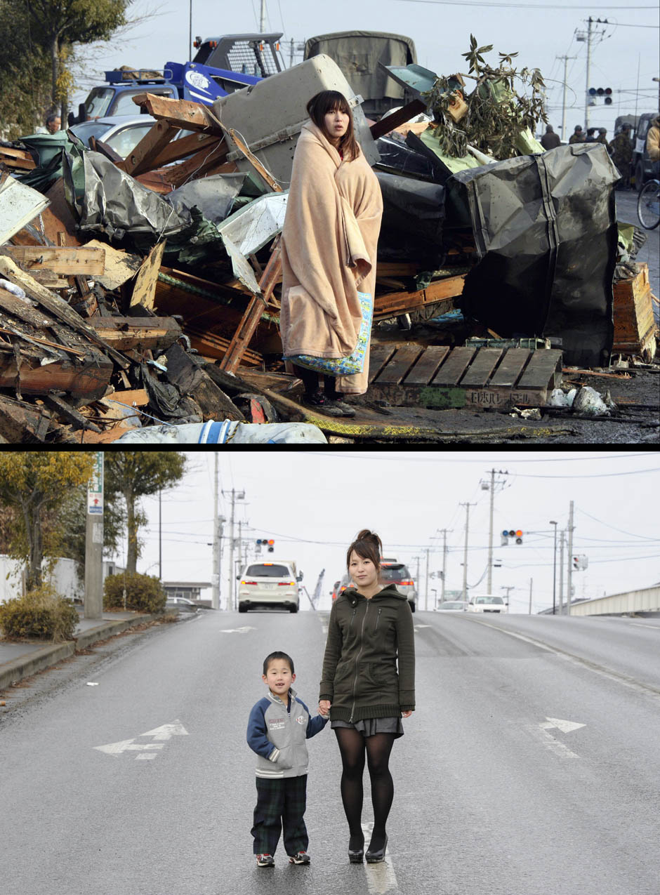 Yuko Sugimoto osbre los escombros buscando a su hijo, un año después Yuko y su hijo Raito sobre el mismo lugar con los escombro ya desaparecidos.