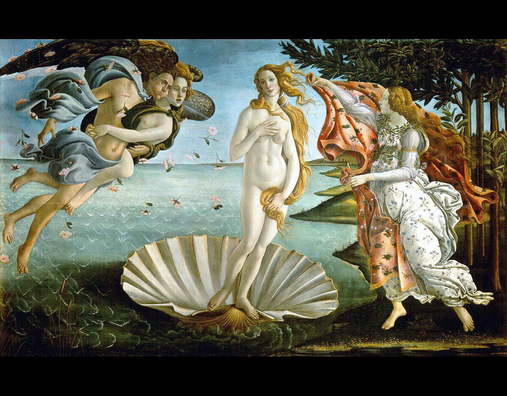 Nacimiento de Venus. La pintura de Sandro Botticelli en sí misma guarda simetría en cuanto a composición. Particularmente, el famoso rostro de Venus guarda también una clara simetría en los rasgos. 