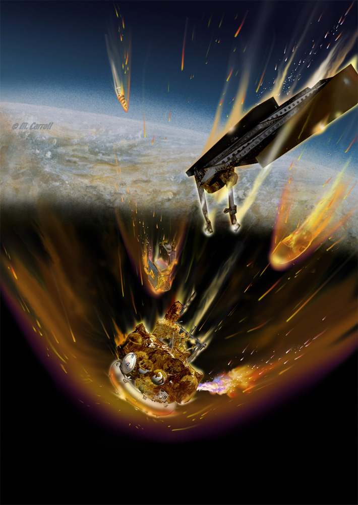 Los expertos predicen que la sonda Phobos-Grunt caer� a la Tierra a mediados de enero de 2012. Esta concepci�n art�stica muestra la quema de combustible del tanque de combustible roto cuando la nave reingresa en la atm�sfera. Imagen: Michael Carroll