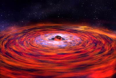 representaci�n de un disco de gas que gira en torno a una estrella de neutrones. El gas de la zona m�s interna del disco alcanza un 40% de la velocidad de la luz, suficiente para experimentar lo predicho por las teor�as de la relatividad de Einstein. Los �tomos de hierro de esta regi�n extremadamente caliente emiten rayos X con longitudes de onda caracter�sticas, pero la se�al espectral aparece altamente distorsionada por los efectos relativistas