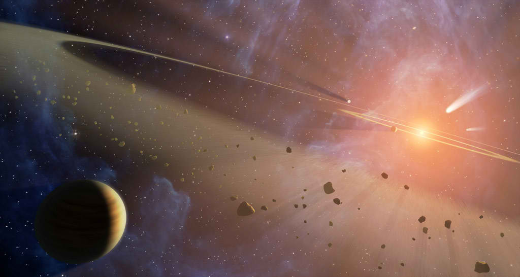 Epsilon Eridani y tres supuestos planetas que orbitan la estrella entre los anillos de polvo y asteroides. Ilustración: NASA/JPL-Caltech 