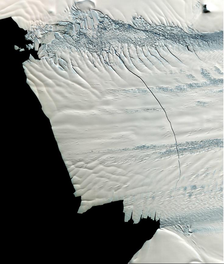 Glaciar Pine Island en la Antártida, tomada por el instrumento Advanced Spaceborne Thermal Emission and Reflection Radiometer (ASTER). Imagen: NASA/GSFC/METI/ERSDAC/JAROS, y el equipo científico ASTER U.S./Japón.