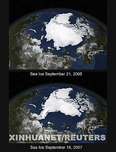 Im�genes satelitales del polo norte en el 2005 y en el 2007.