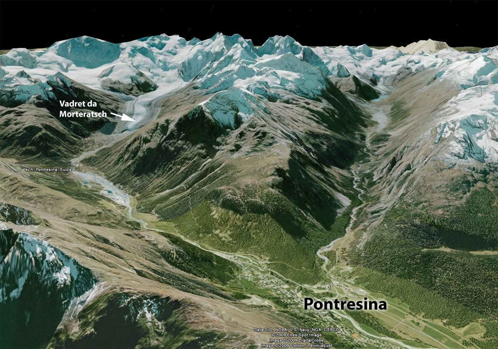 Imagen que presenta los valles glaciares dejados por la última era glacial, ahora fértiles y habitables, en primer plano Pontresina un municipio asentado sobre un valles glaciar, al fondo el glaciar Vadret da Morteratsch.