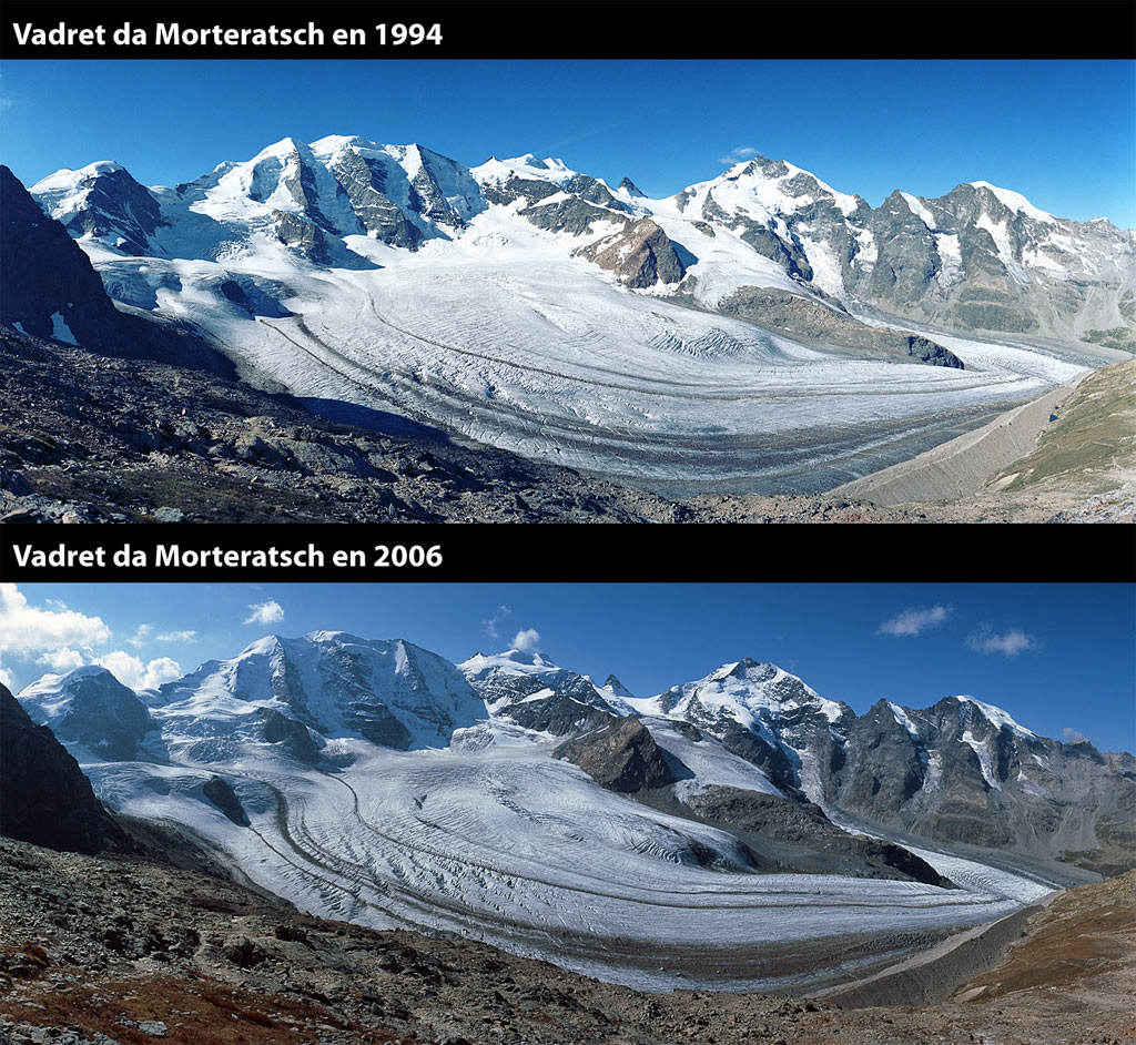 Imagen que muestra el glaciar de Vadret da Morteratsch como se observó en 19994 y el 2006, los cambios son insignificantes no mayores a lo esperado en las variaciones naturales del clima
