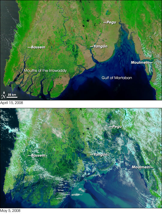 Desastre causado por el ciclón Nargis en Myanmar visto por un satélite de la NASA.