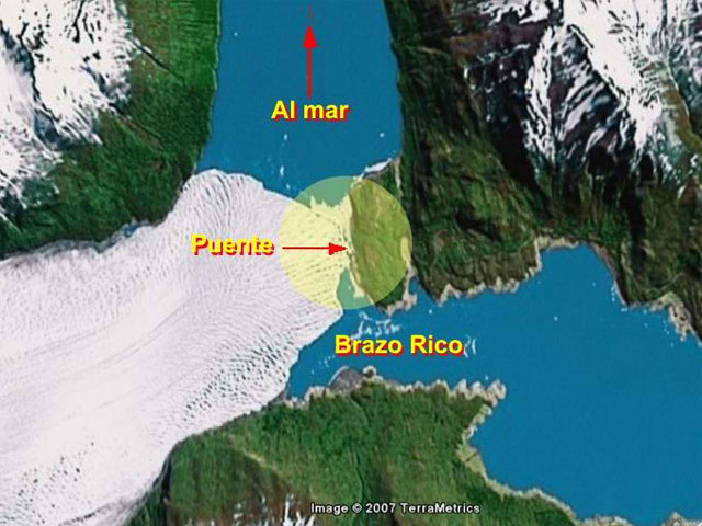 Este es el mapa del Glaciar Perito Moreno que muestra al glaciar, y el punto donde se forma el dique y el puente de hielo