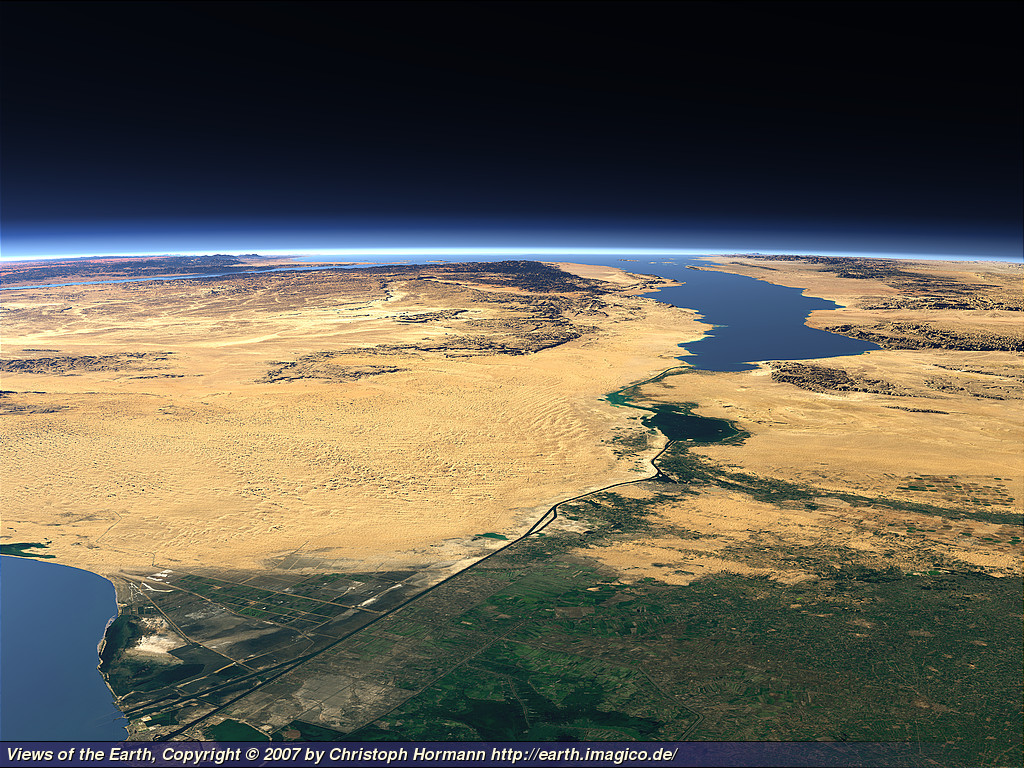 La península del Sinaí, Egipt. El canal de Suez es visible en primer plano con parte del delta del Nilo. Foto: Christoph Hormann, http://earth.imagico.de/