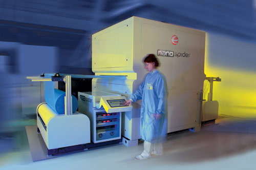 Electrohiladora destinada para la fabricación de de nanofibras a escala industrial. La tecnología fue desarrollada por la Universidad de Liberec, república Checa
