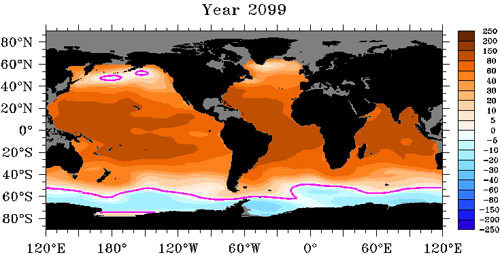 Proyecci�n del estado qu�mico de los oc�anos en el a�o 2099. Gr�fico: James Orr, LSCE/CEA-CNRS France