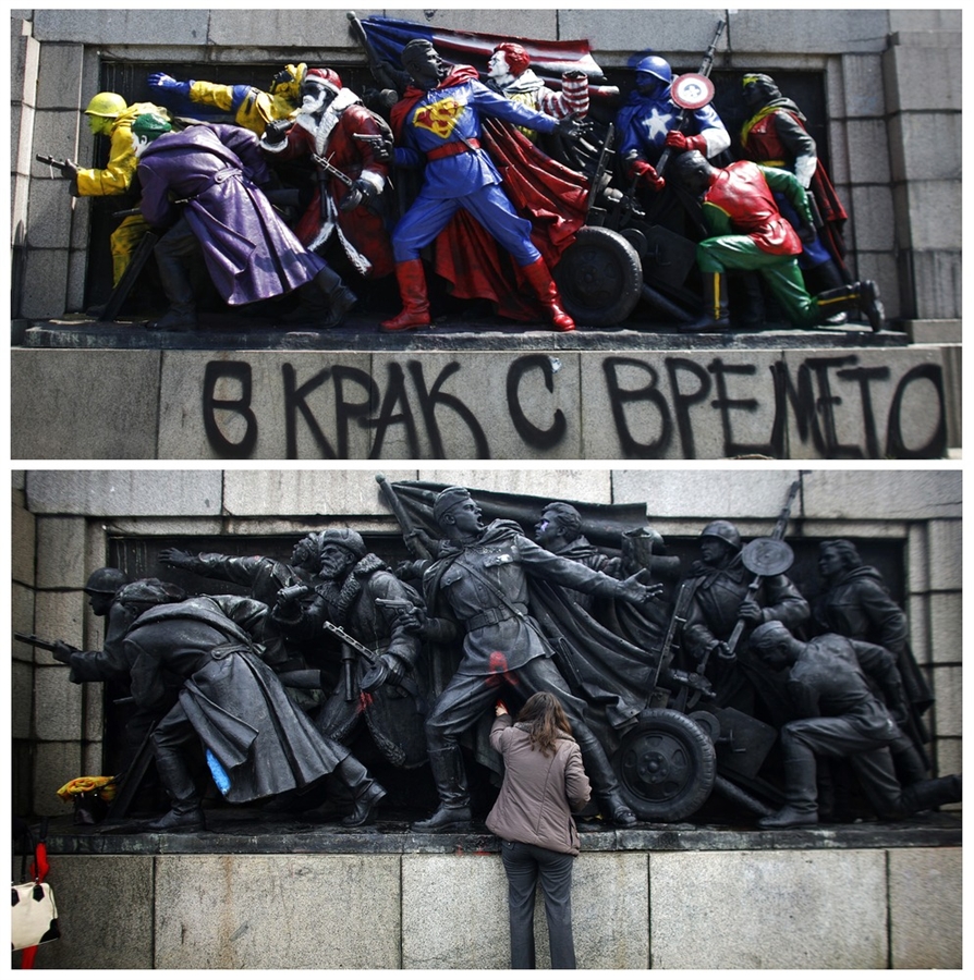 Monumento soviético en Bulgaria es convertido en celebración de los superhéroes de comics americanos.