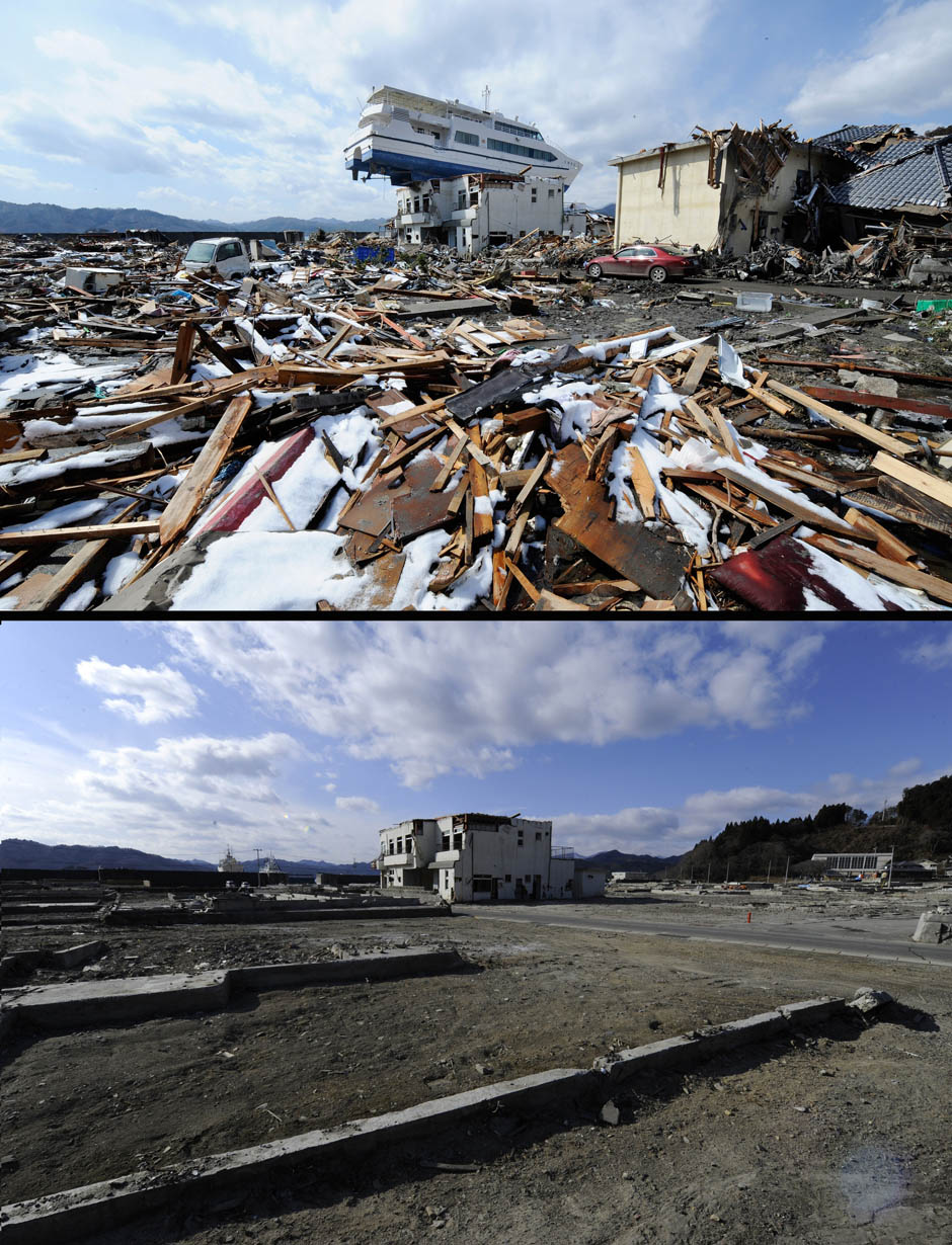 Barco arrastrado y colocado por el tsunami sobre un edificio de dos plantas en Otsuchi, alrededor, toneladas de escombros